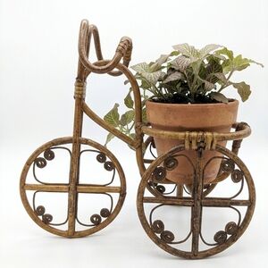 Vintage 1980s Style Brown Rattan Tricycle Plant Stand
